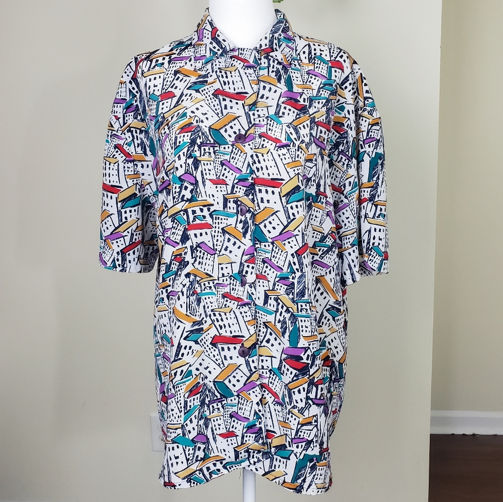 Retro Kim Rogers Button Down Shirt with Building Print